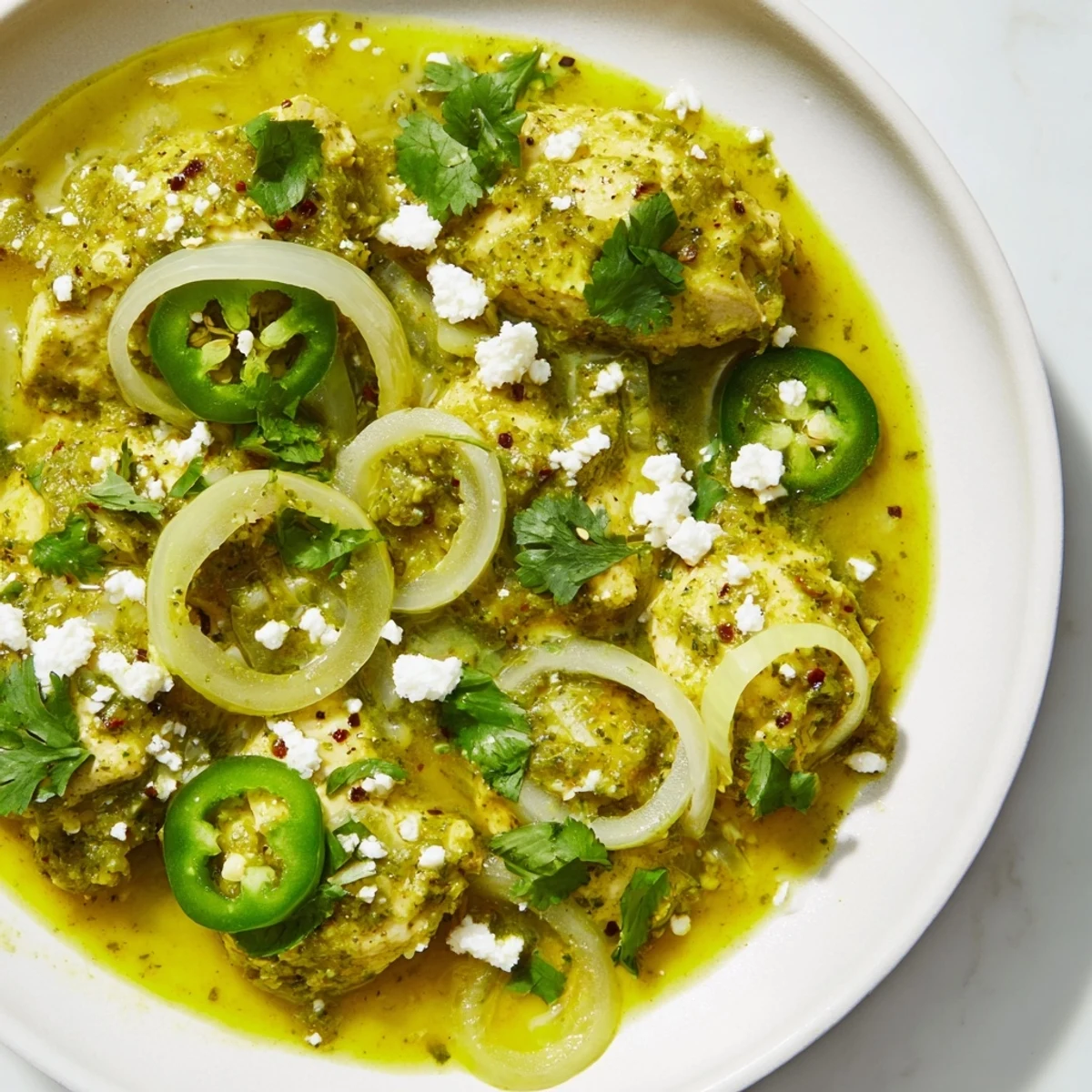 Golden pan-seared chicken breasts nestled in vibrant green salsa verde sauce with melted queso fresco