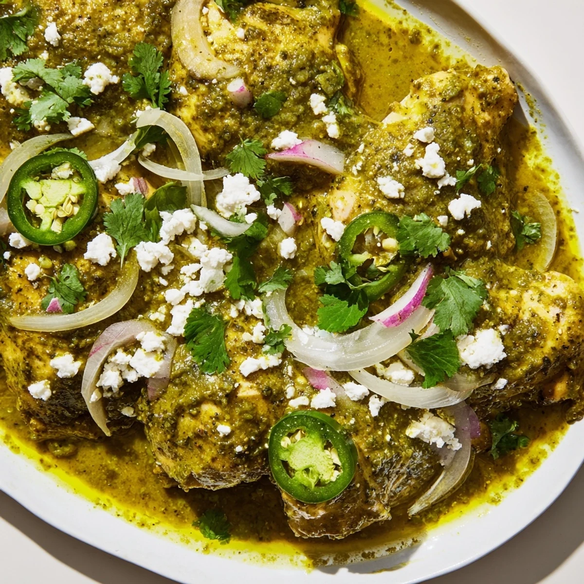 Tender salsa verde chicken simmered with sliced onions and garnished with fresh cilantro and lime wedges