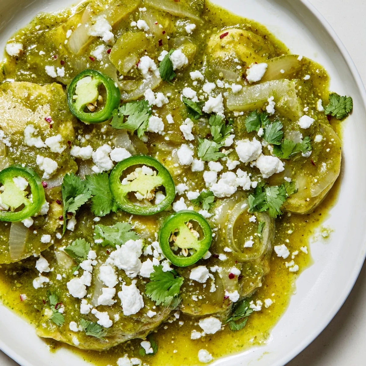 Weeknight dinner plate featuring juicy chicken smothered in tangy tomatillo sauce topped with crumbled white cheese