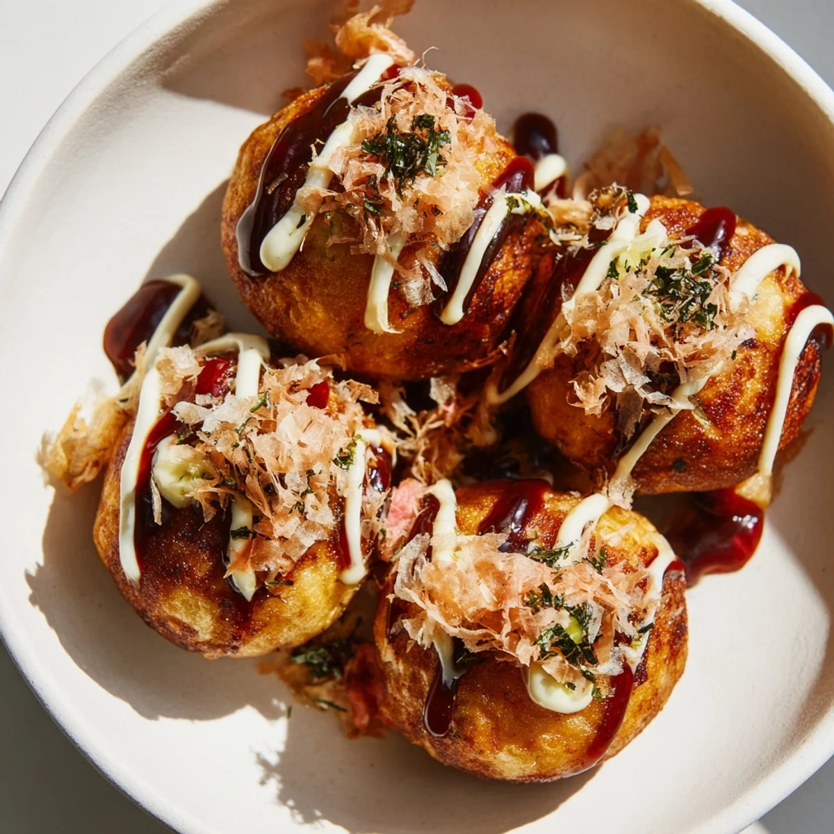 Golden brown Takoyaki balls drizzled with savory sauce and topped with dancing bonito flakes