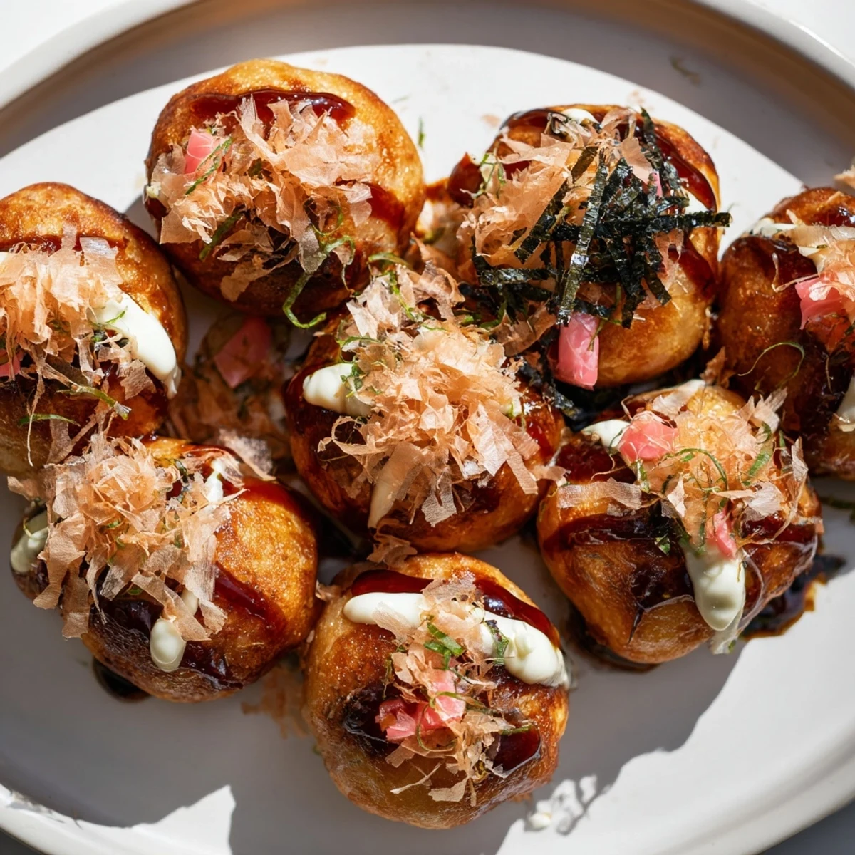 Crispy Japanese Takoyaki appetizers stuffed with tender octopus pieces and garnished with green onions