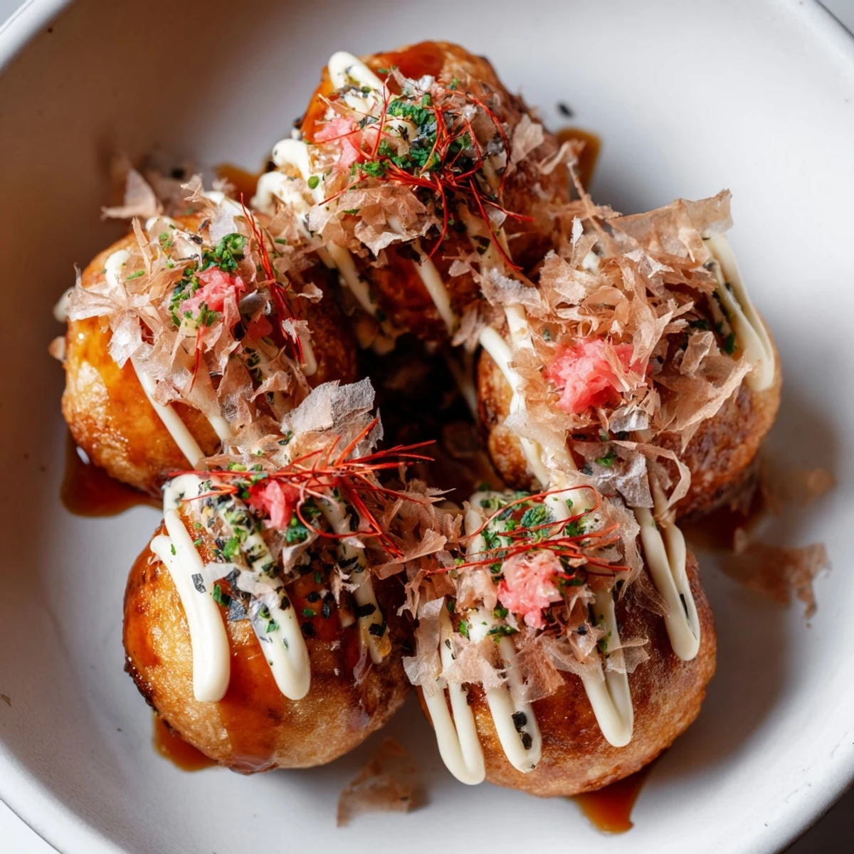 Hot Takoyaki street food bites brushed with sweet sauce and sprinkled with dried seaweed