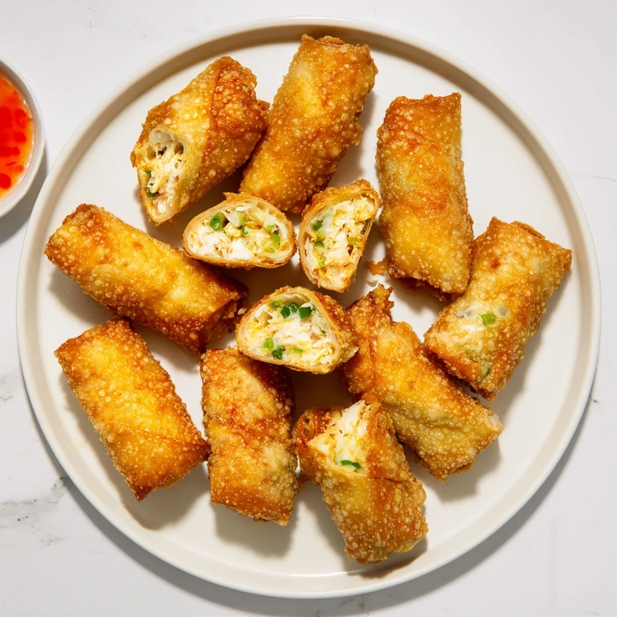 Golden brown Crab Rangoon egg rolls with crispy fried exterior and creamy crab filling