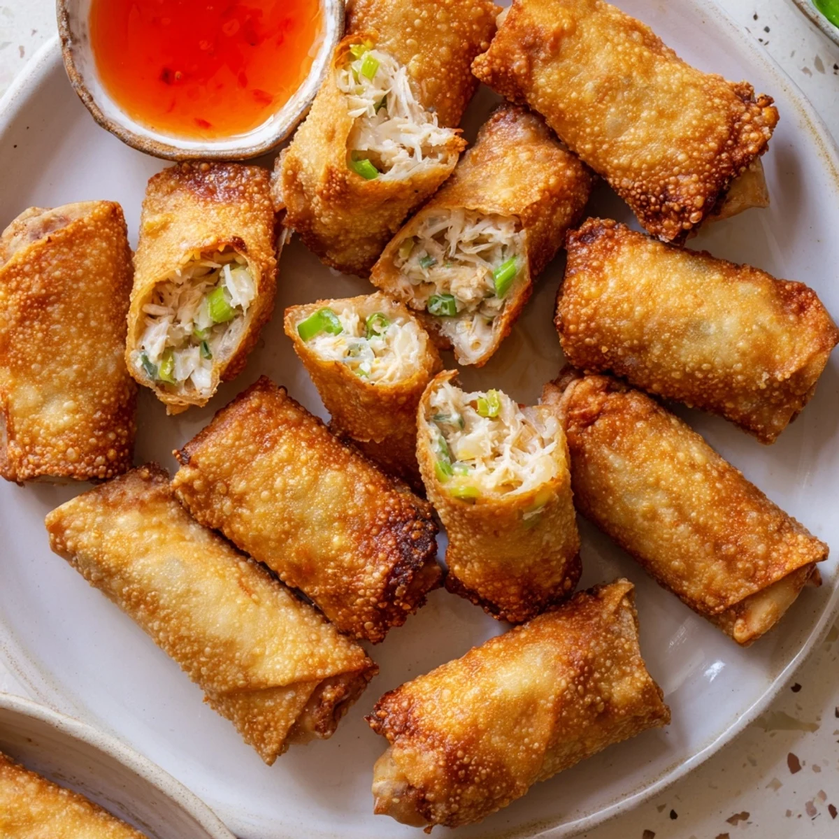 Plate of homemade Crab Rangoon egg rolls served with sweet chili dipping sauce