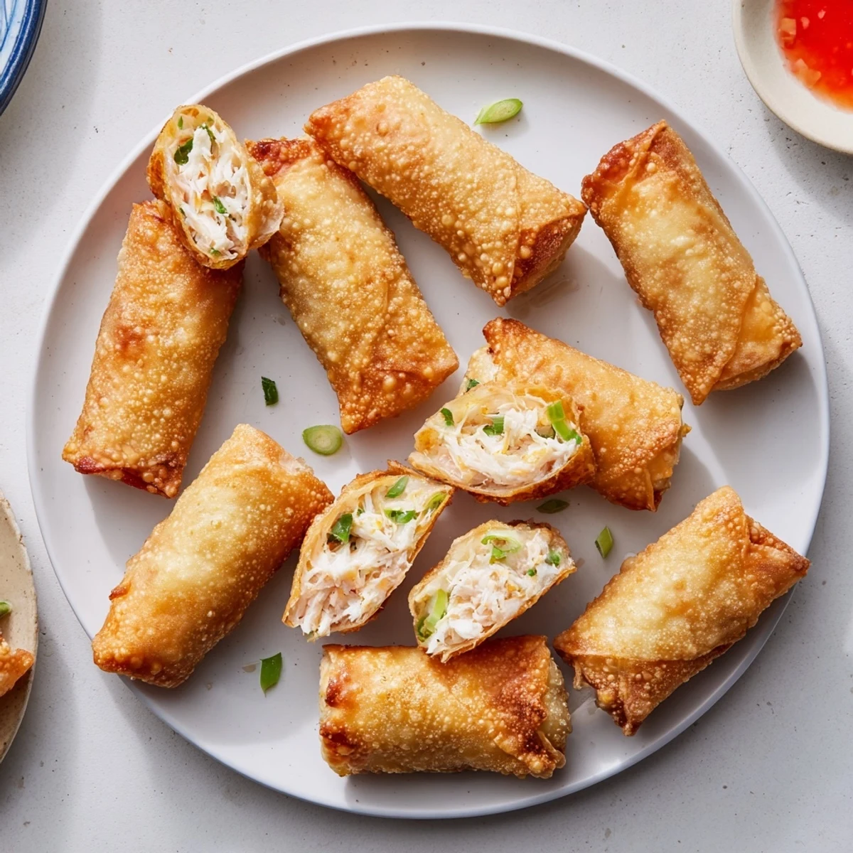 Crispy appetizer Crab Rangoon egg rolls featuring golden wrappers and savory cream cheese filling