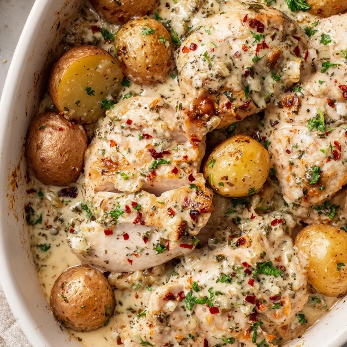 Golden chicken breasts and baby potatoes smothered in rich garlic Parmesan cream sauce