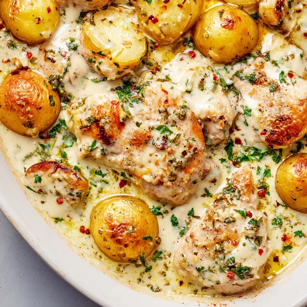Tender baked chicken and potatoes swimming in a creamy white Parmesan garlic sauce