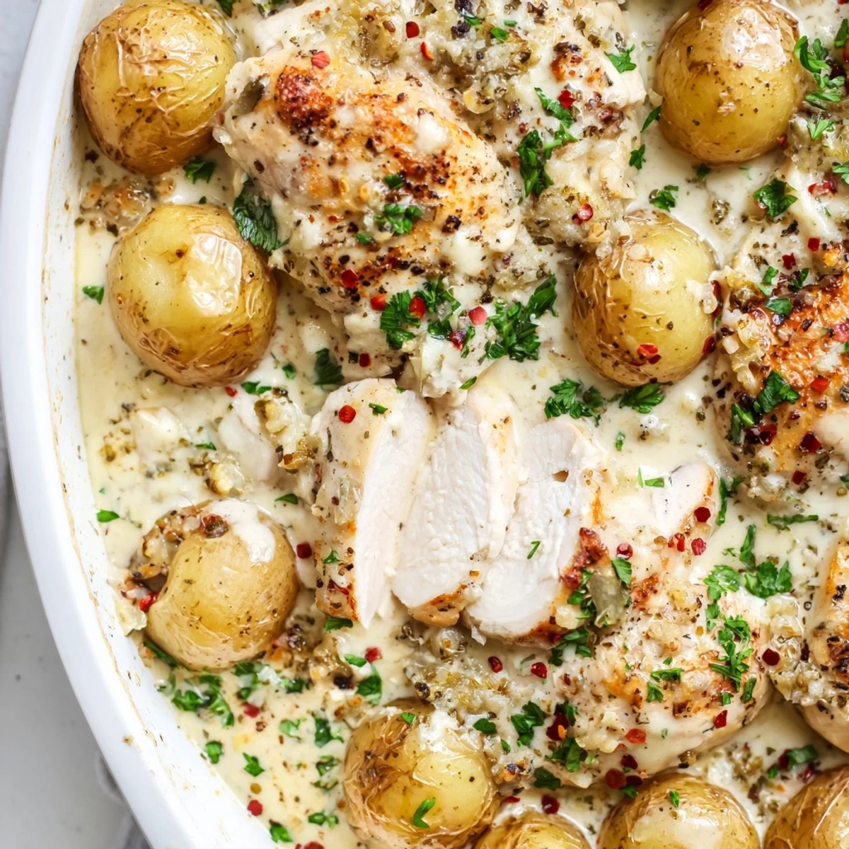 Oven-baked chicken and golden potatoes topped with thick garlic Parmesan cream sauce and parsley