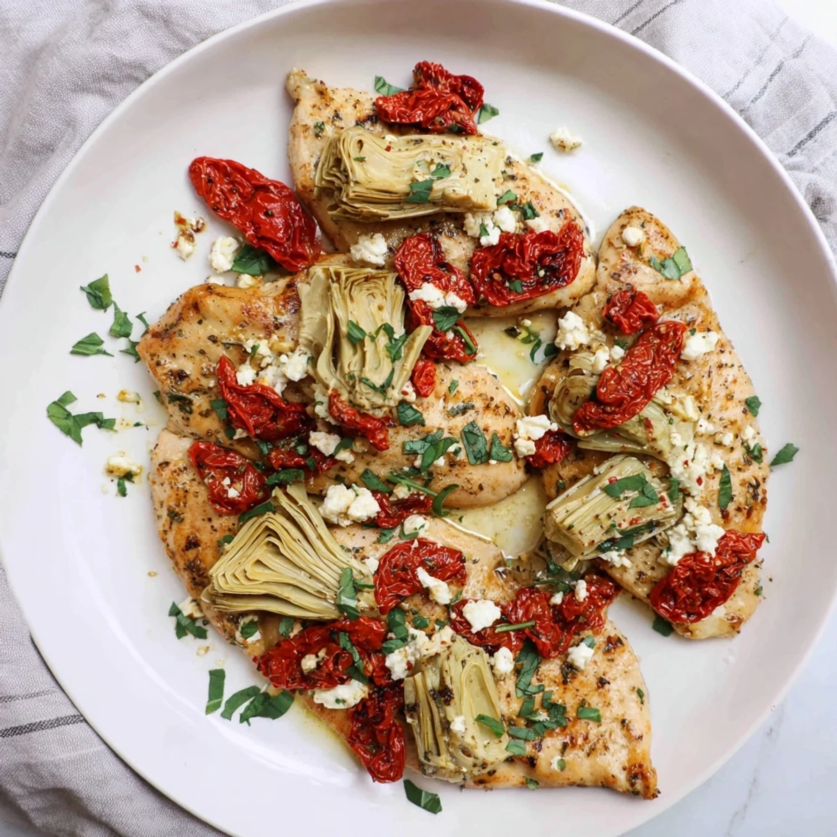 Golden broiled artichoke chicken topped with melted feta and fresh herbs on a white plate.