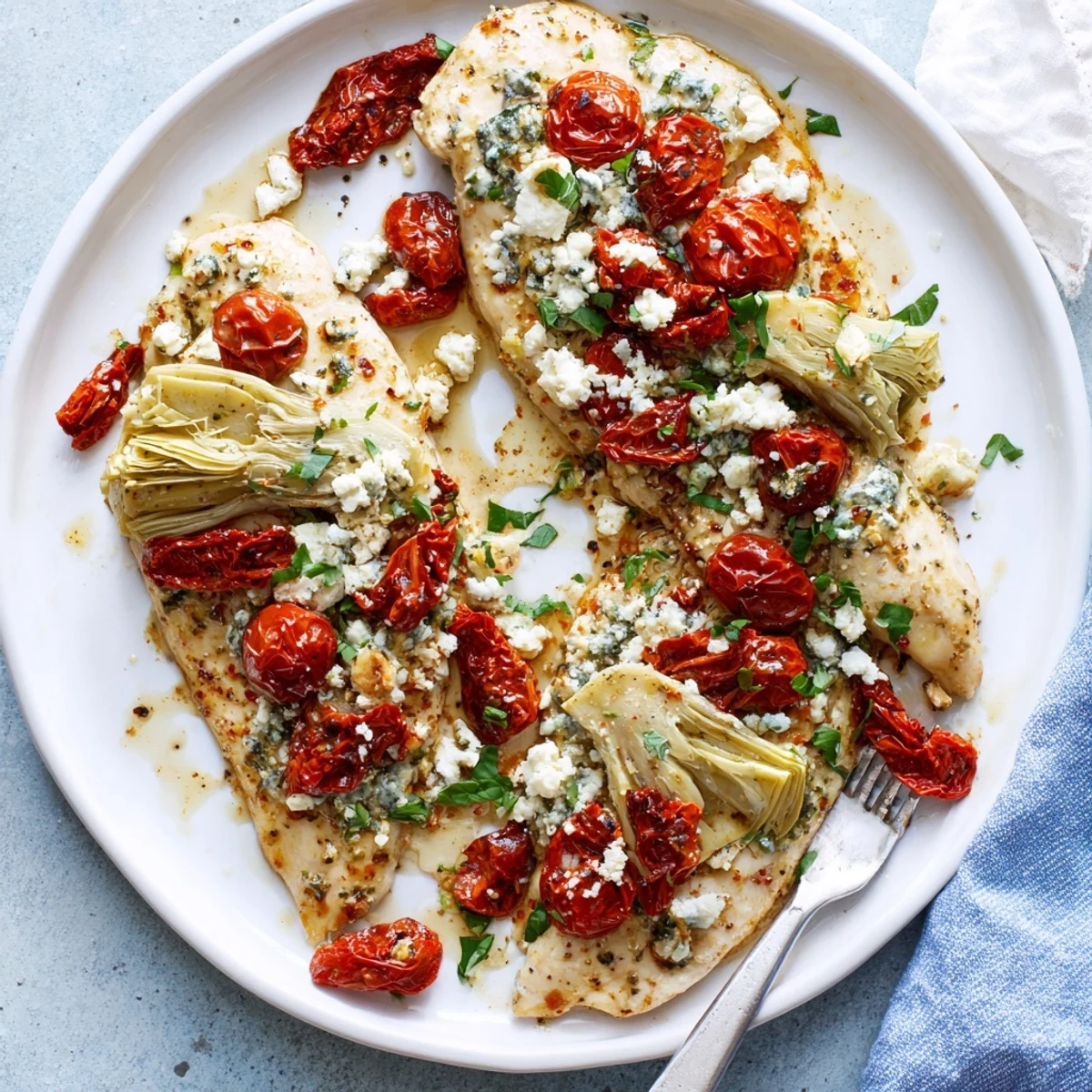 Tender Mediterranean chicken breasts broiled until golden with artichoke hearts and crumbled feta cheese.