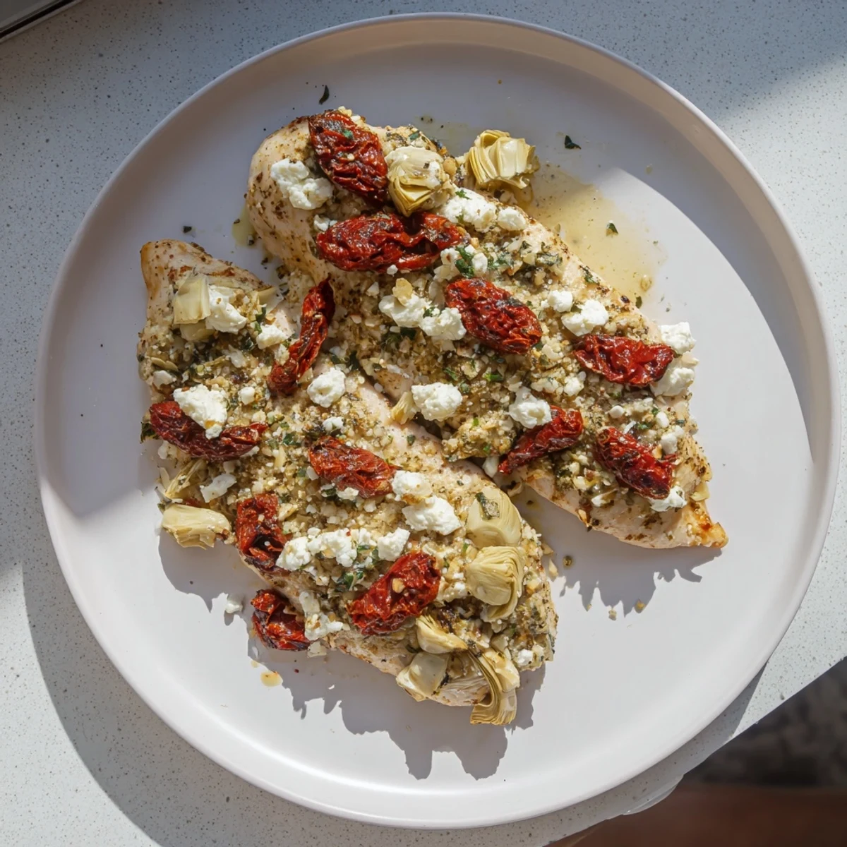 Chicken broiled to perfection with marinated artichokes, sun-dried tomatoes, and tangy feta topping.