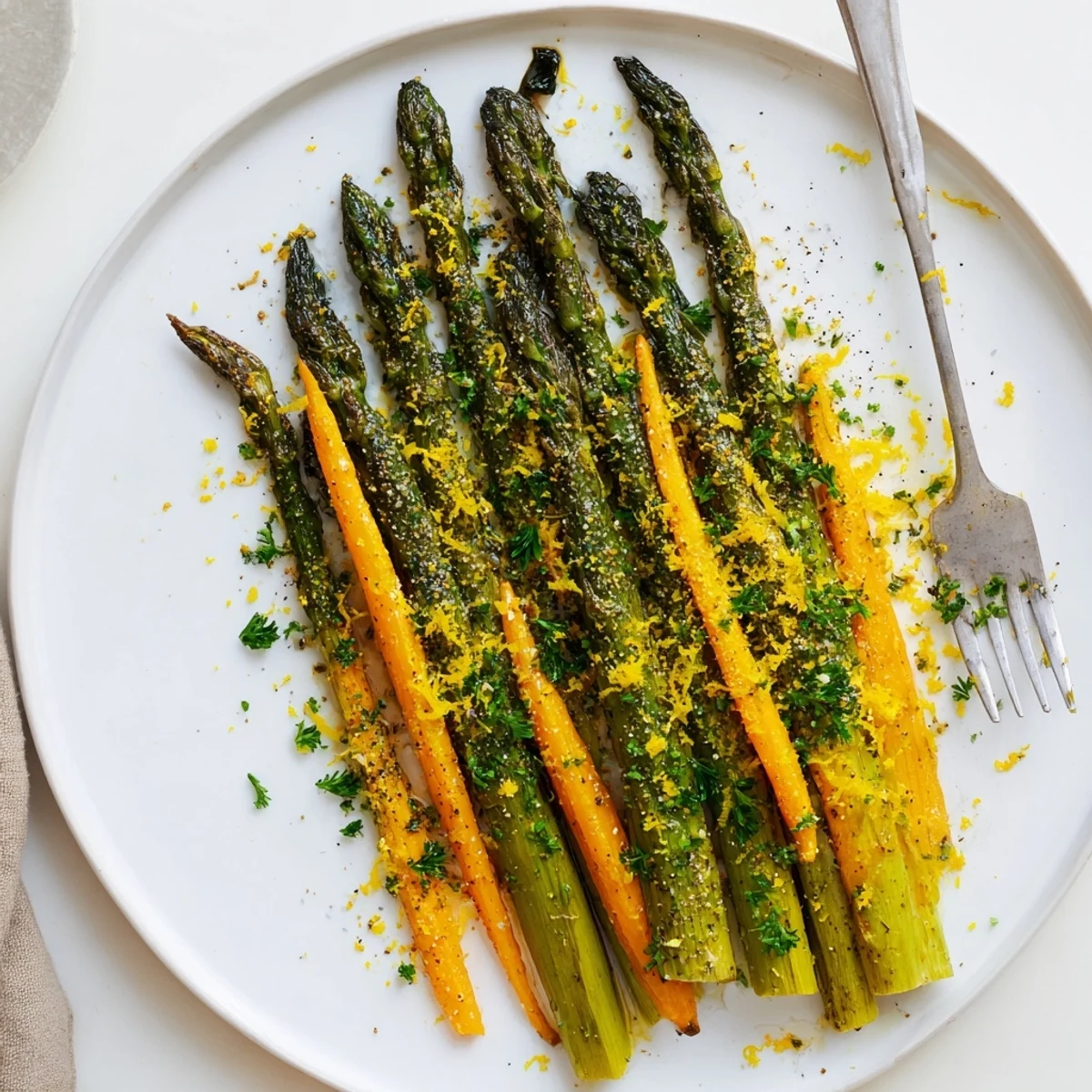 Golden roasted asparagus and carrots with caramelized edges and fresh herbs on a white platter