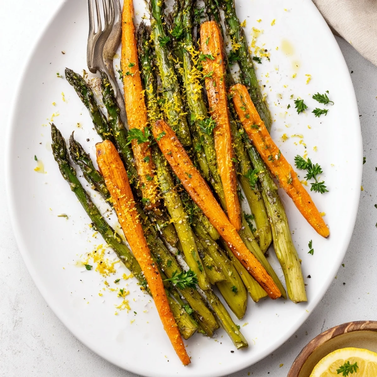 Colorful oven roasted asparagus and carrots seasoned with olive oil garlic powder and dried thyme