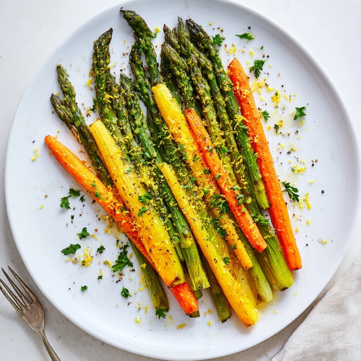 Tender roasted asparagus and sweet carrot sticks arranged on a baking sheet with light char