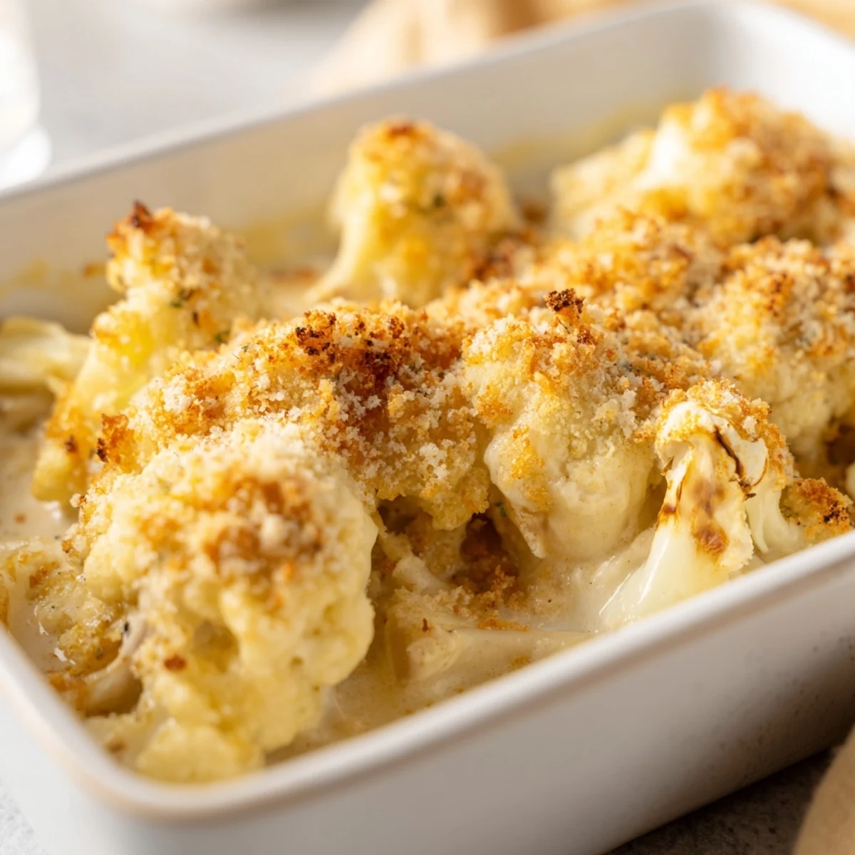 Golden baked cauliflower casserole with melted cheddar cheese and crispy breadcrumb topping