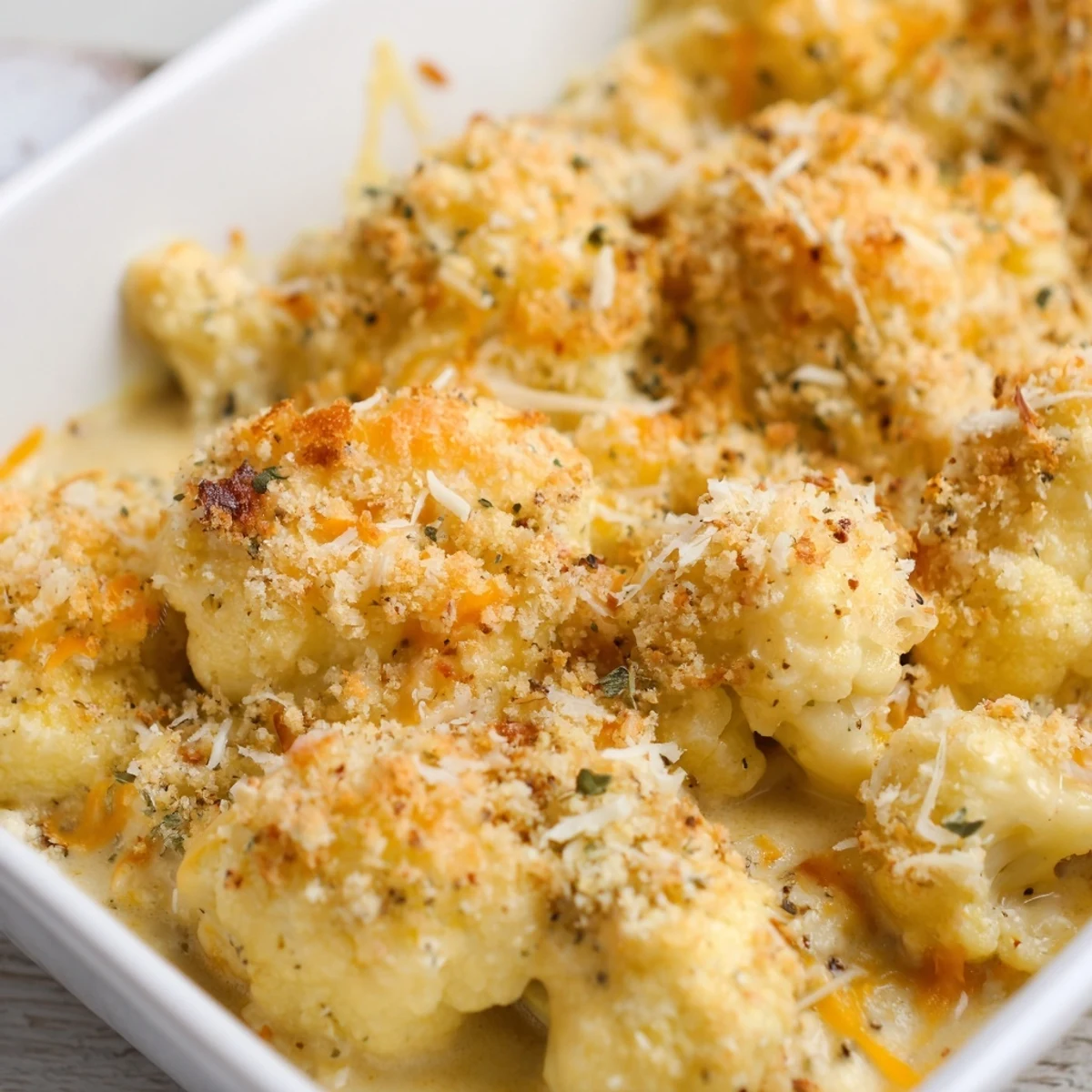Cauliflower casserole featuring tender florets in rich cheese sauce with crunchy panko topping