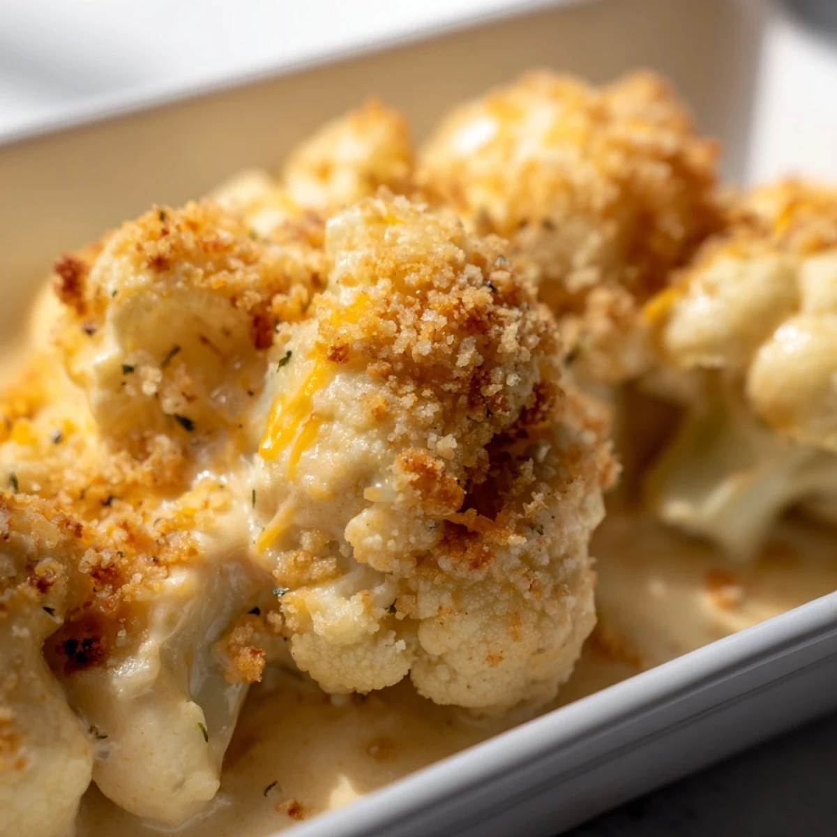 Creamy cauliflower casserole bubbling in a baking dish with golden cheese crust