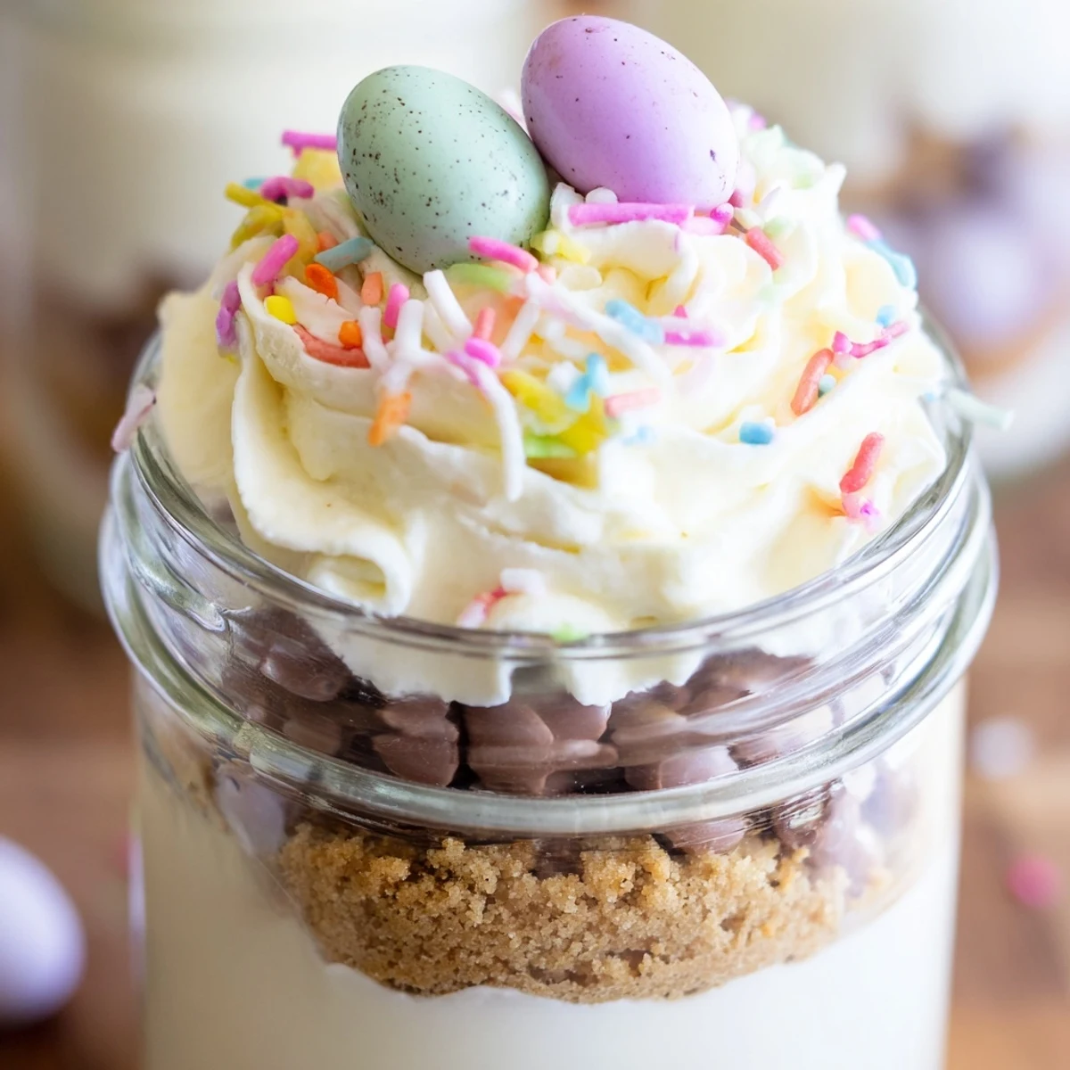 Glass jars filled with no-bake Easter Egg Cheesecake featuring white cheesecake layers, mini chocolate eggs nestled inside, and pastel candy decorations.