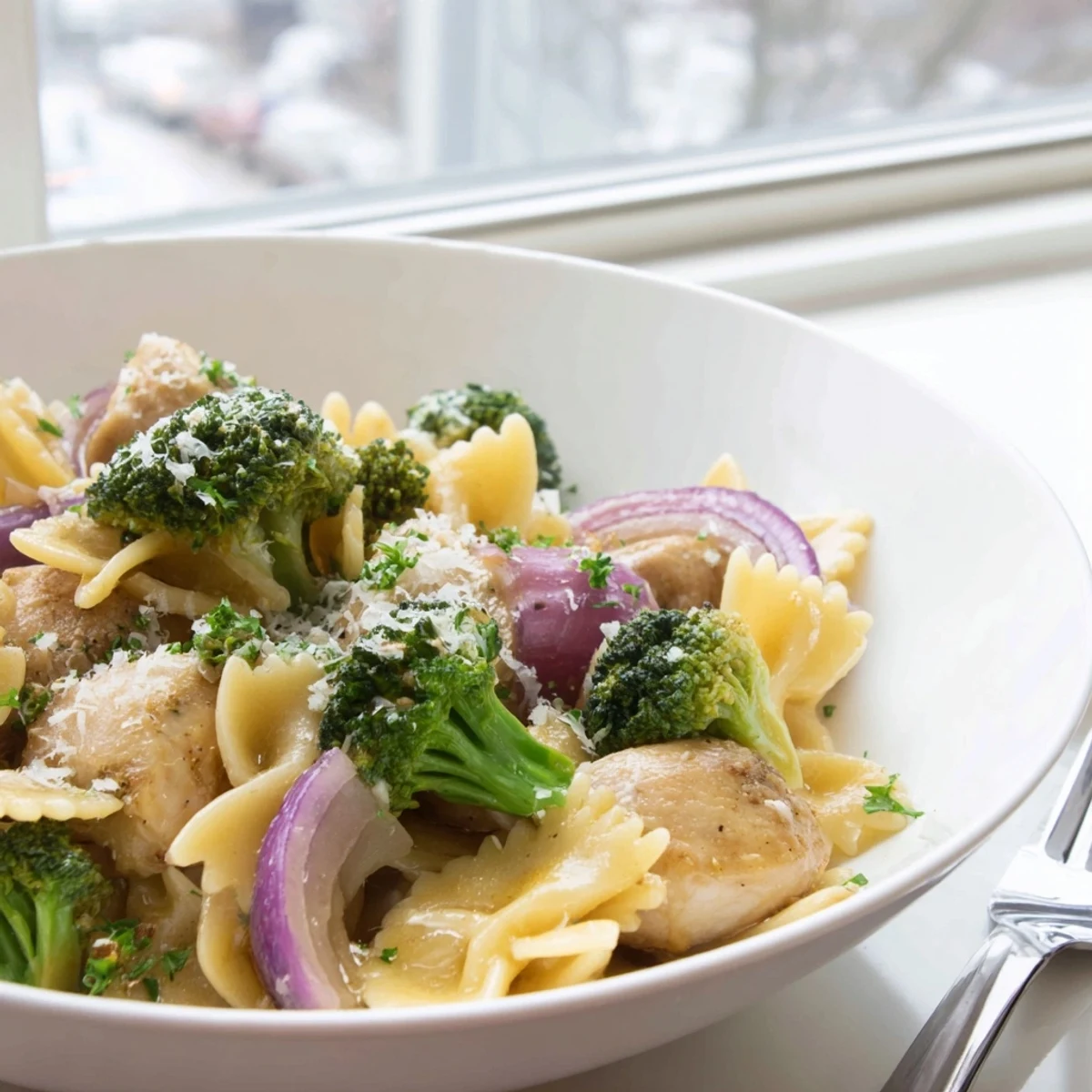 Zesty cowboy butter lemon chicken pasta dinner with crisp broccoli and parmesan cheese sprinkled on top