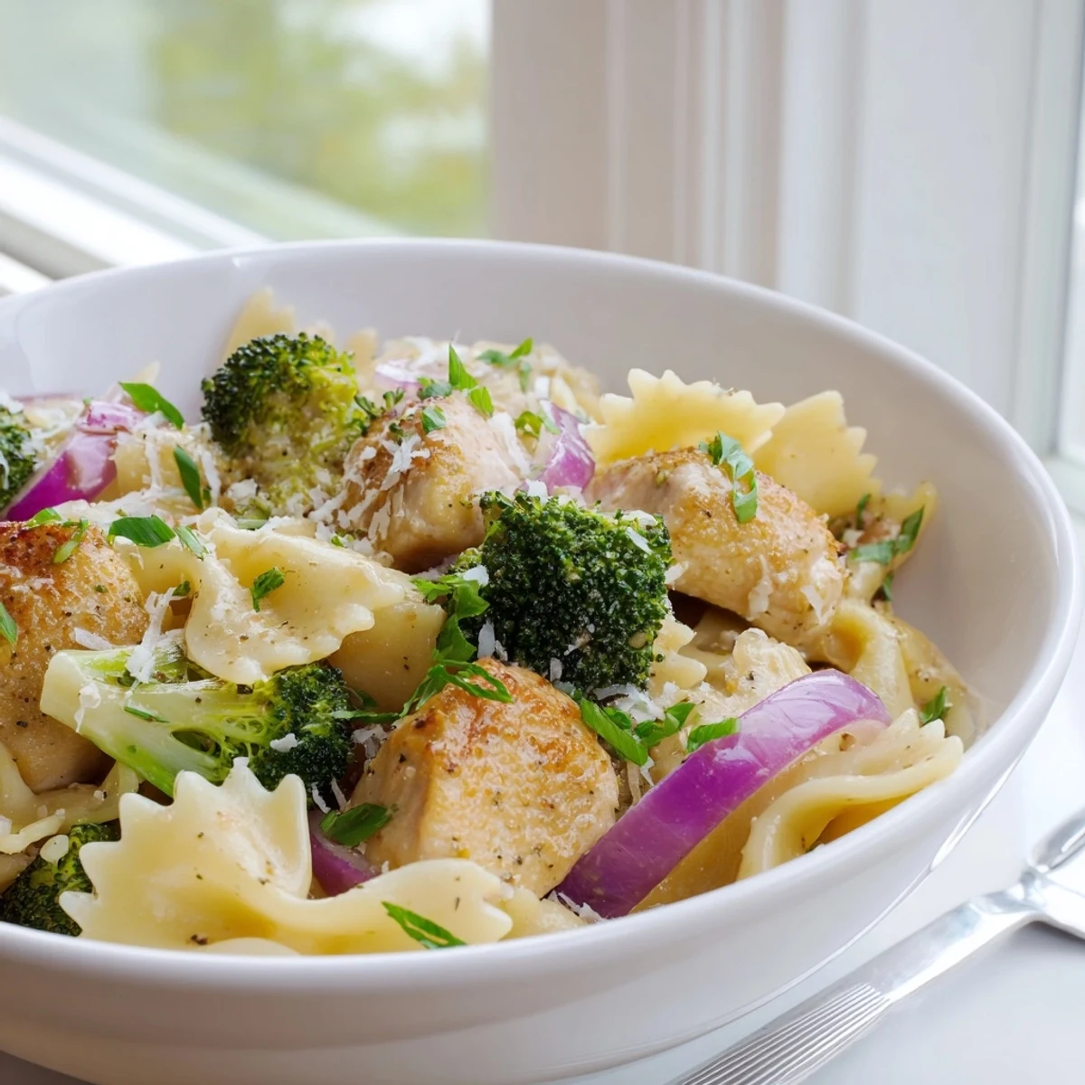 Golden bowtie pasta tossed with tender chicken and broccoli in creamy lemon cowboy butter sauce