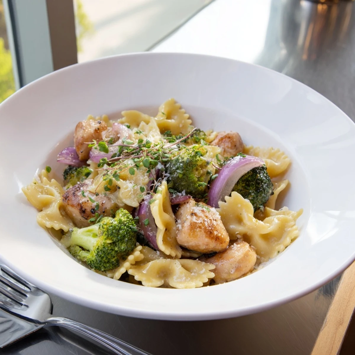 Savory chicken and broccoli bowtie pasta coated in tangy lemon cowboy butter sauce with fresh herbs