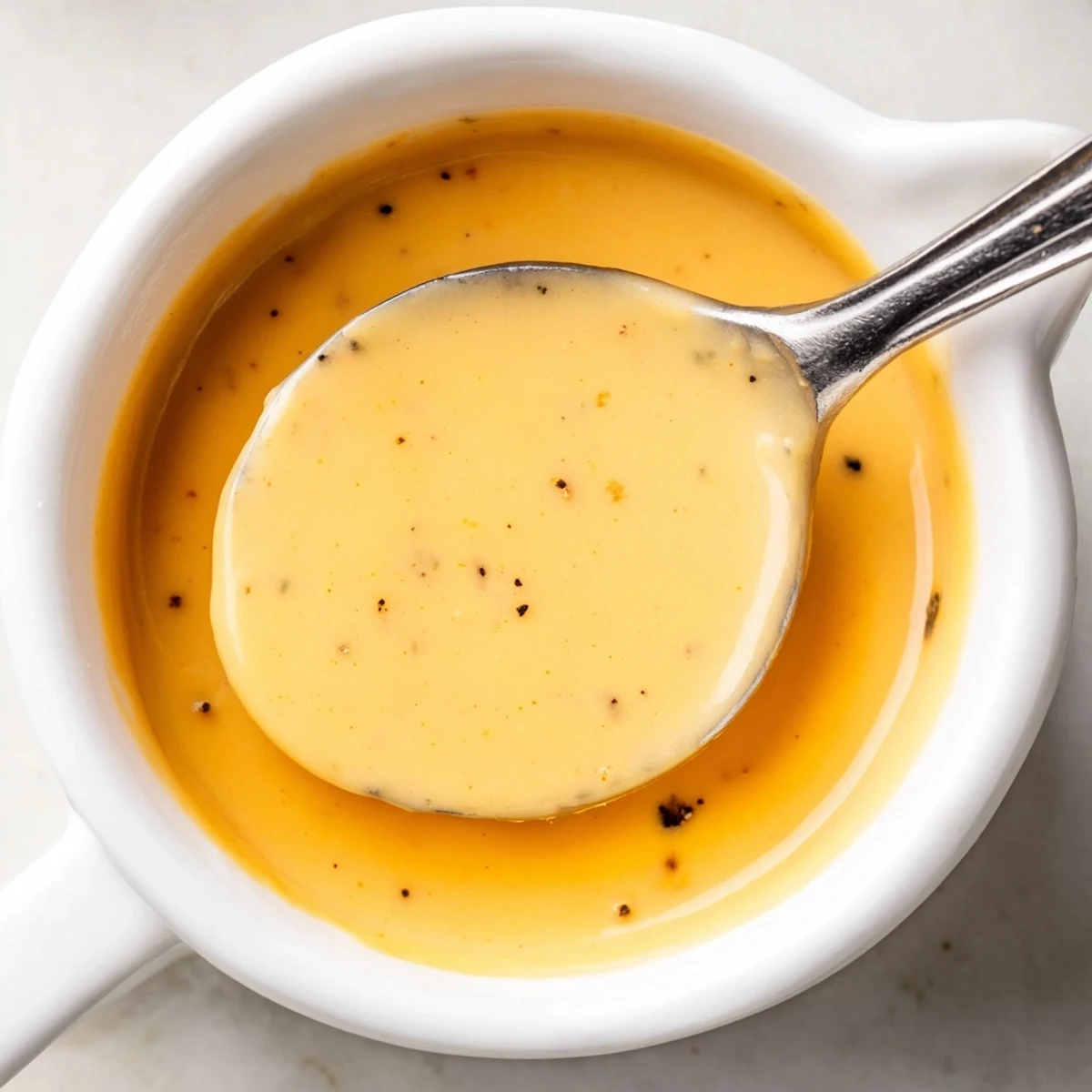 Creamy homemade snappy cheddar sauce bubbling in a white saucepan with steam rising