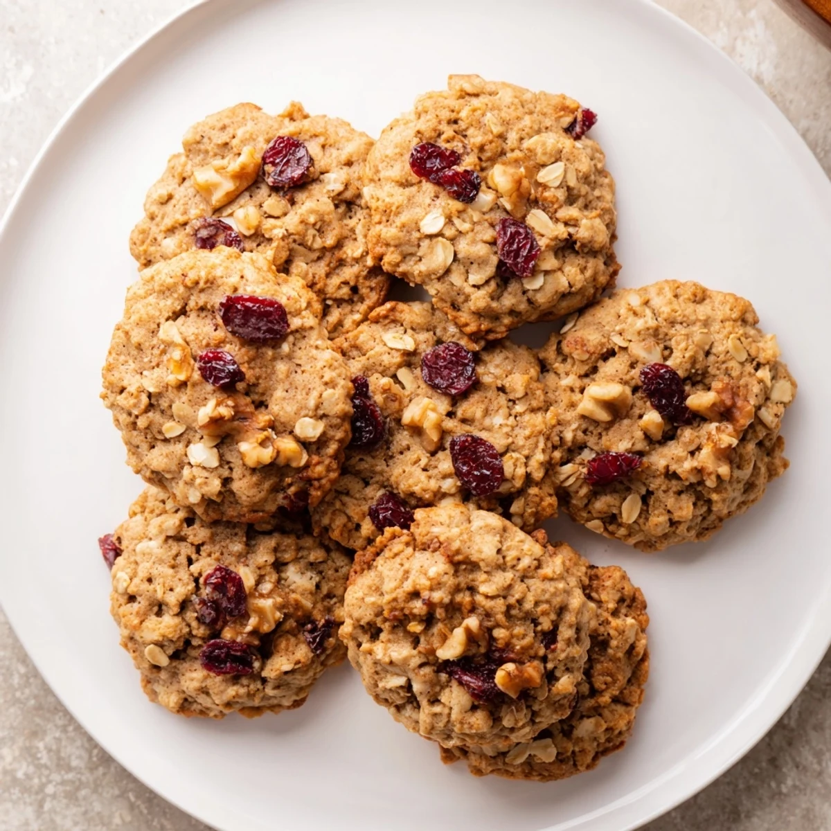 Spiced chai oatmeal craisin cookies stacked on a wooden board featuring flecks of cinnamon and cardamom