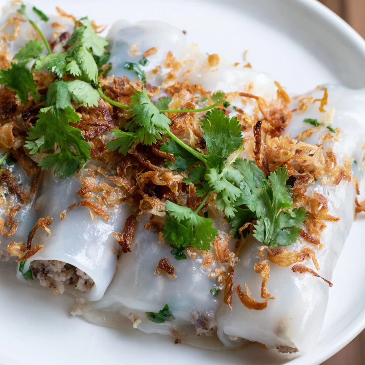 Delicate translucent Banh Cuon rice rolls filled with savory ground pork and wood ear mushrooms