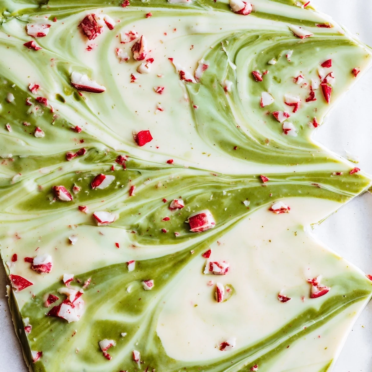 Marbled white chocolate matcha peppermint bark swirled with crushed candy cane pieces on a festive wooden board