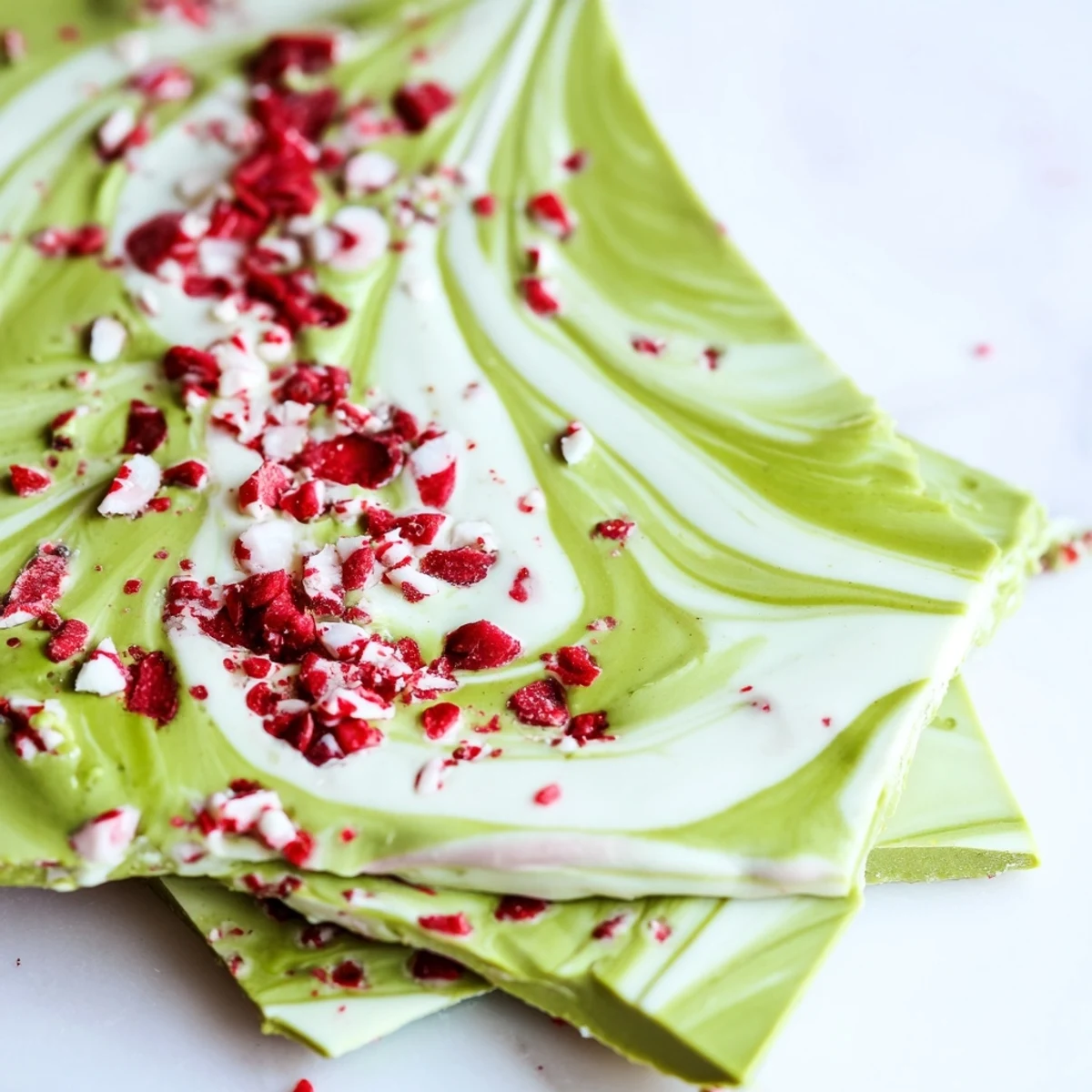 Green and white matcha peppermint bark broken into triangular pieces with red peppermint candy sprinkles on top