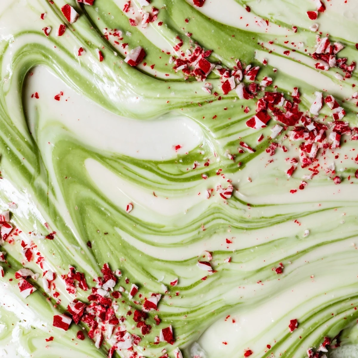 Homemade festive matcha peppermint bark showcasing marbled green swirls and crunchy candy cane topping on parchment paper