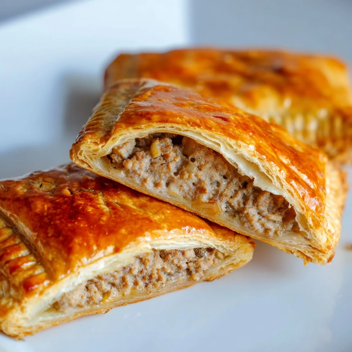 Golden brown Pate Chaud pastry with flaky layers and savory pork filling on a white serving plate