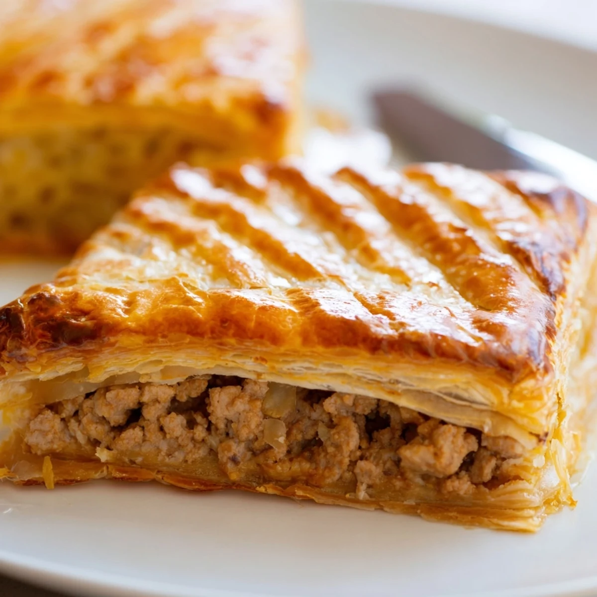 Freshly baked Vietnamese Pate Chaud featuring puffed golden crust encasing seasoned ground pork meat center