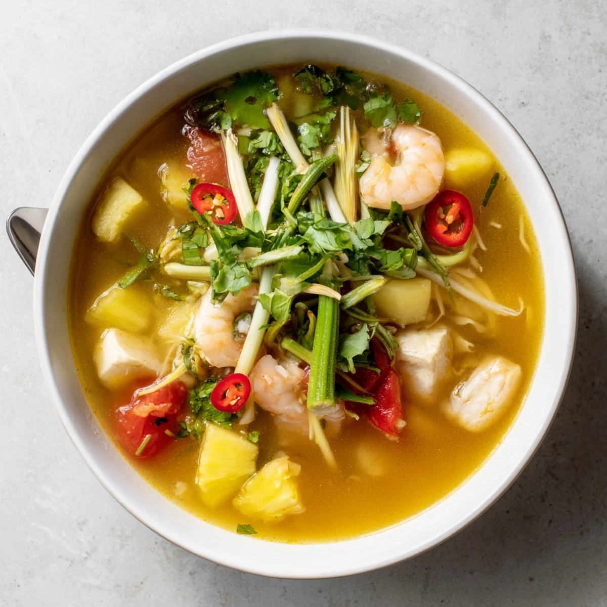 Rustic Vietnamese Canh Chua with shrimp, tomatoes, and bean sprouts swimming in tangy tamarind broth