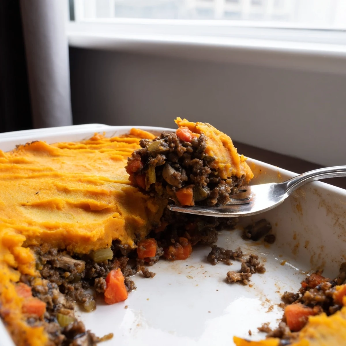 Golden sweet potato mash topping a savory beef, tomato, and mushroom cottage pie filling