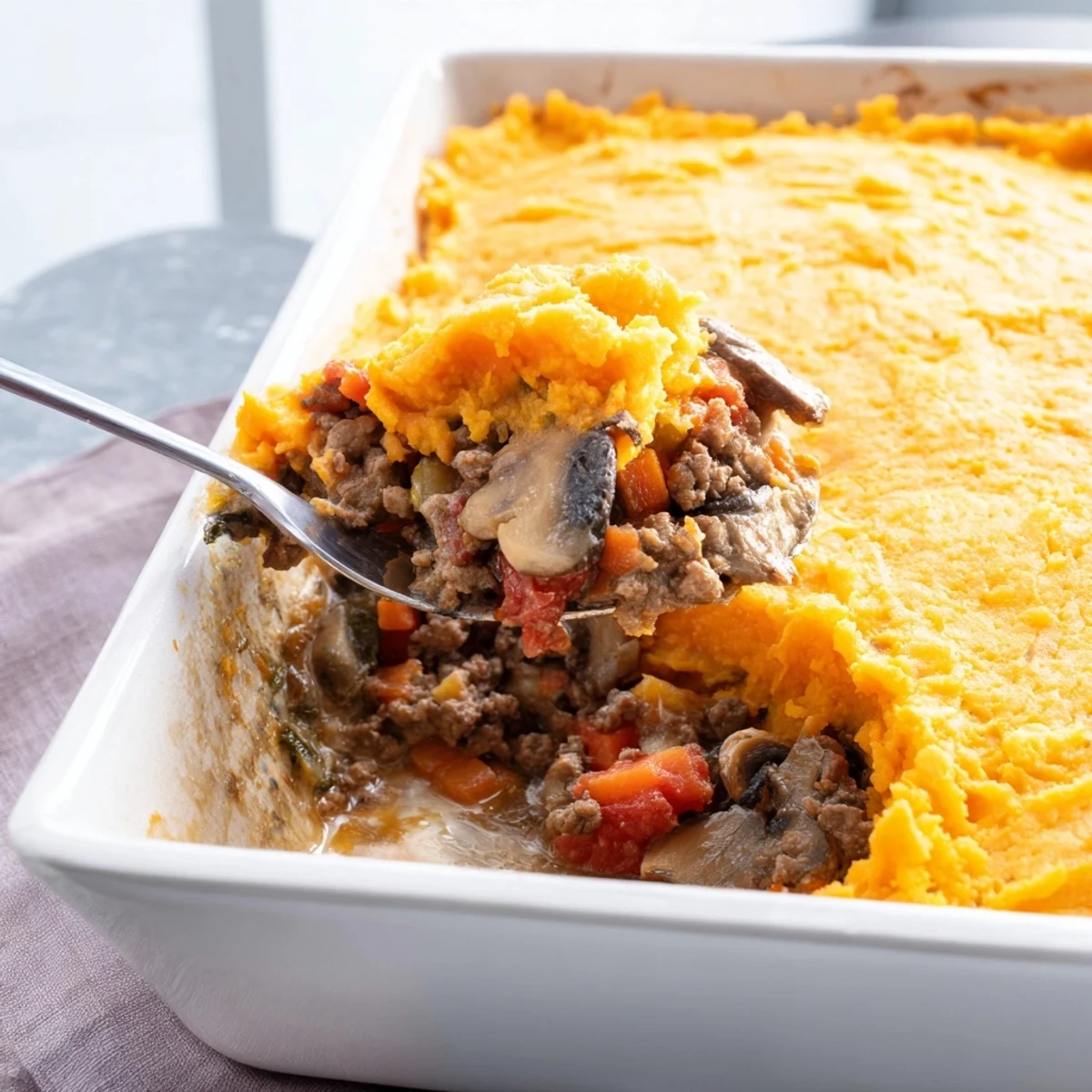 Steaming cottage pie with sweet potato crust featuring beef and vegetables in rich tomato sauce