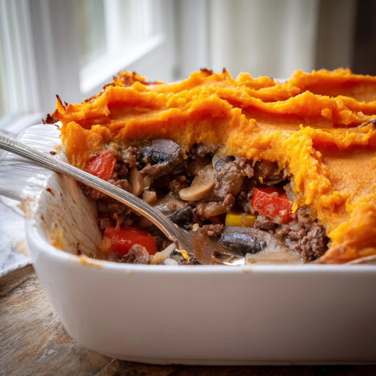 Bubbling beef, tomato and mushroom cottage pie with creamy sweet potato mash topping golden brown