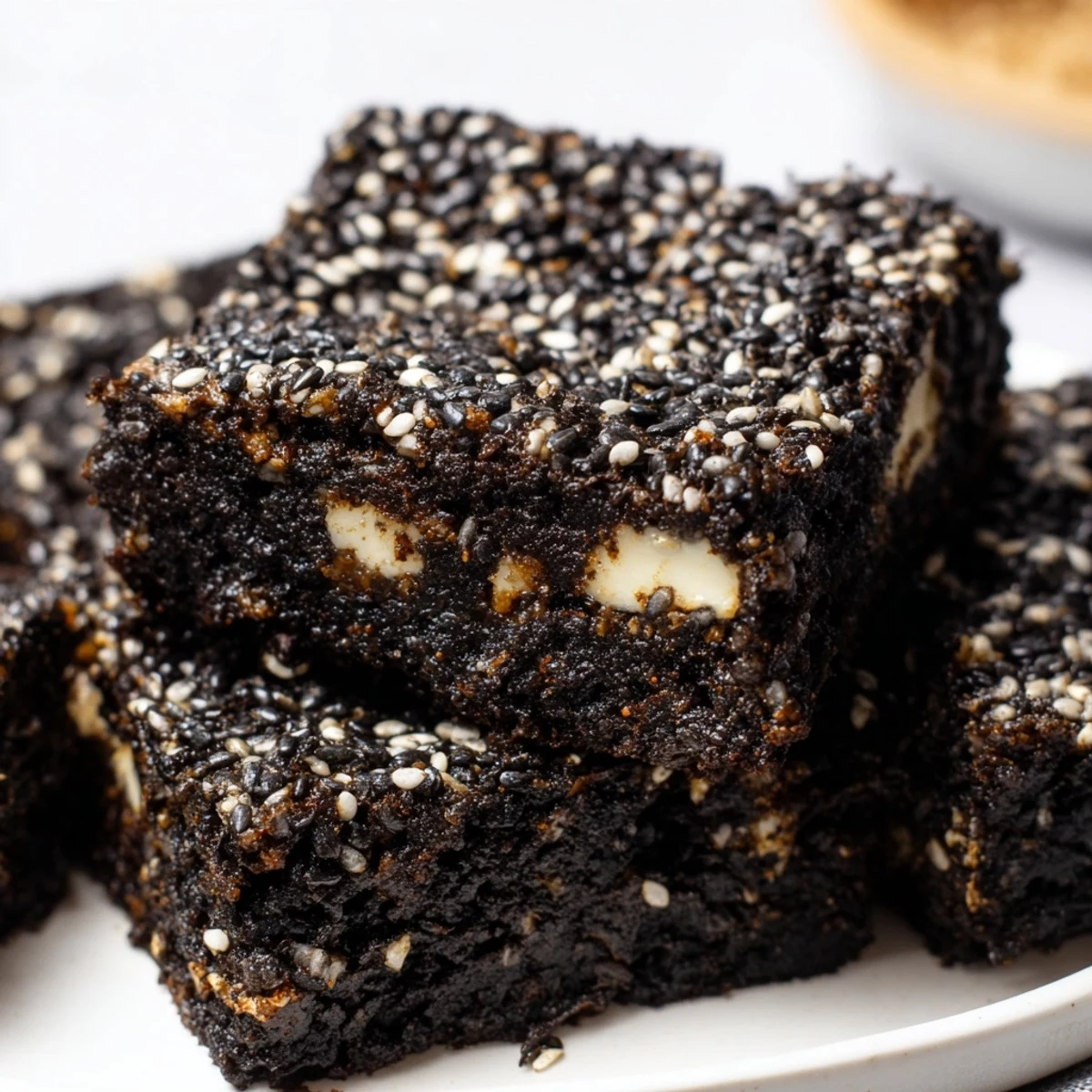 Chewy black sesame blondies sprinkled with toasted seeds on a golden baked surface