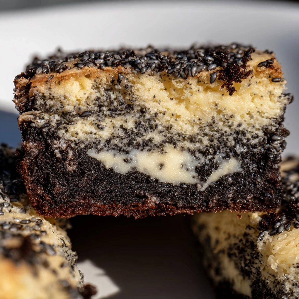 Buttery black sesame blondies topped with white chocolate chips and whole sesame seeds