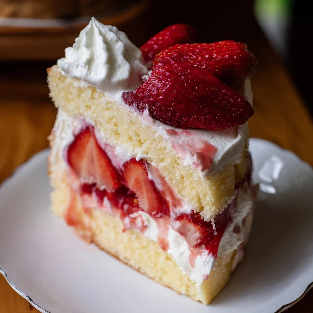 Layered strawberry shortcake cake with fluffy vanilla sponge and fresh whipped cream