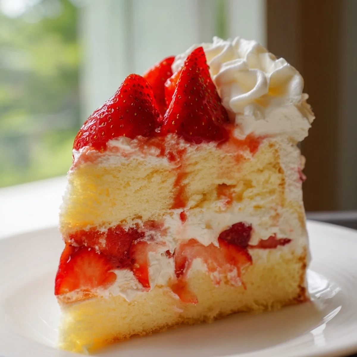 Summer dessert showing strawberry shortcake cake piled high with macerated strawberries