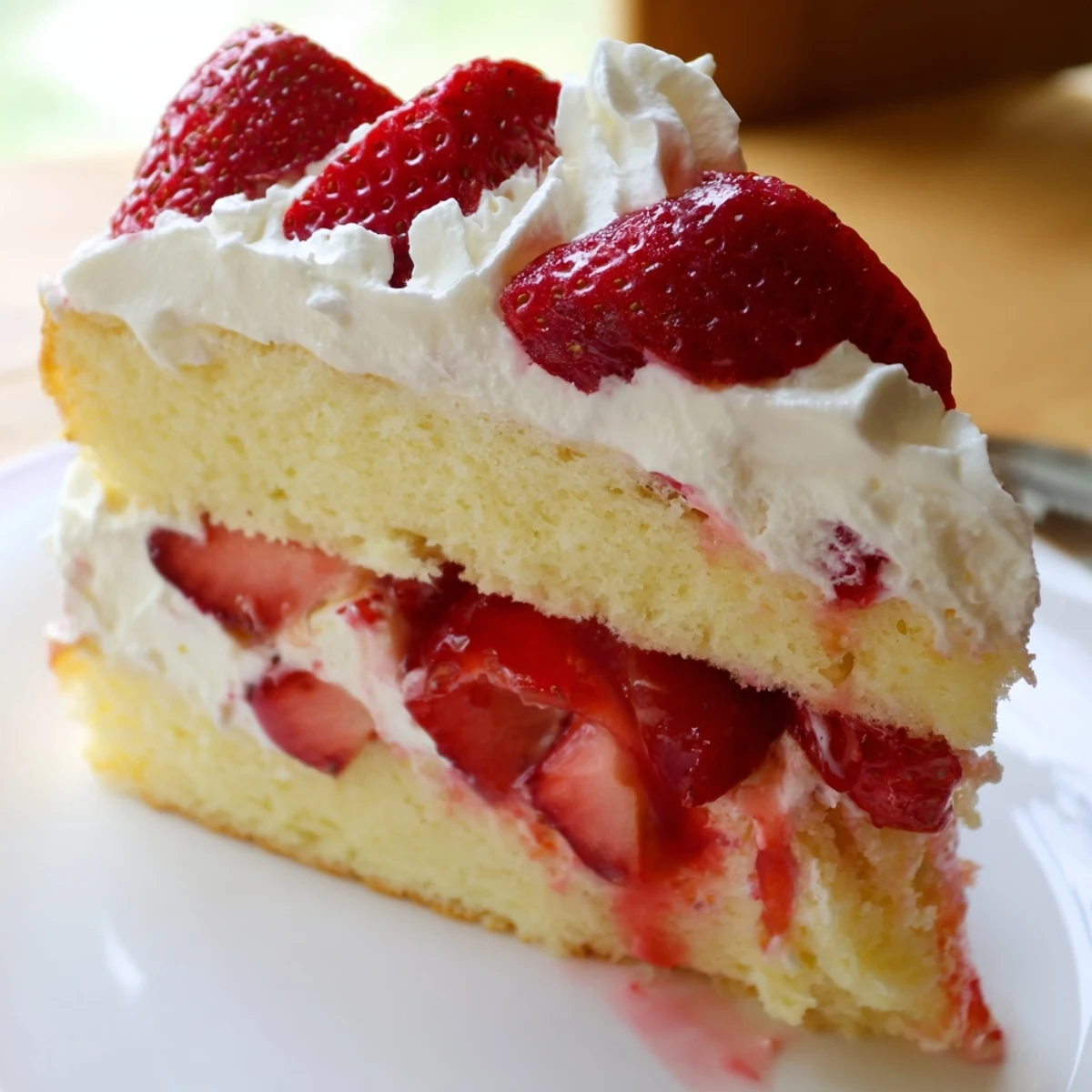 Slice of strawberry shortcake cake featuring sweet berries and creamy vanilla frosting