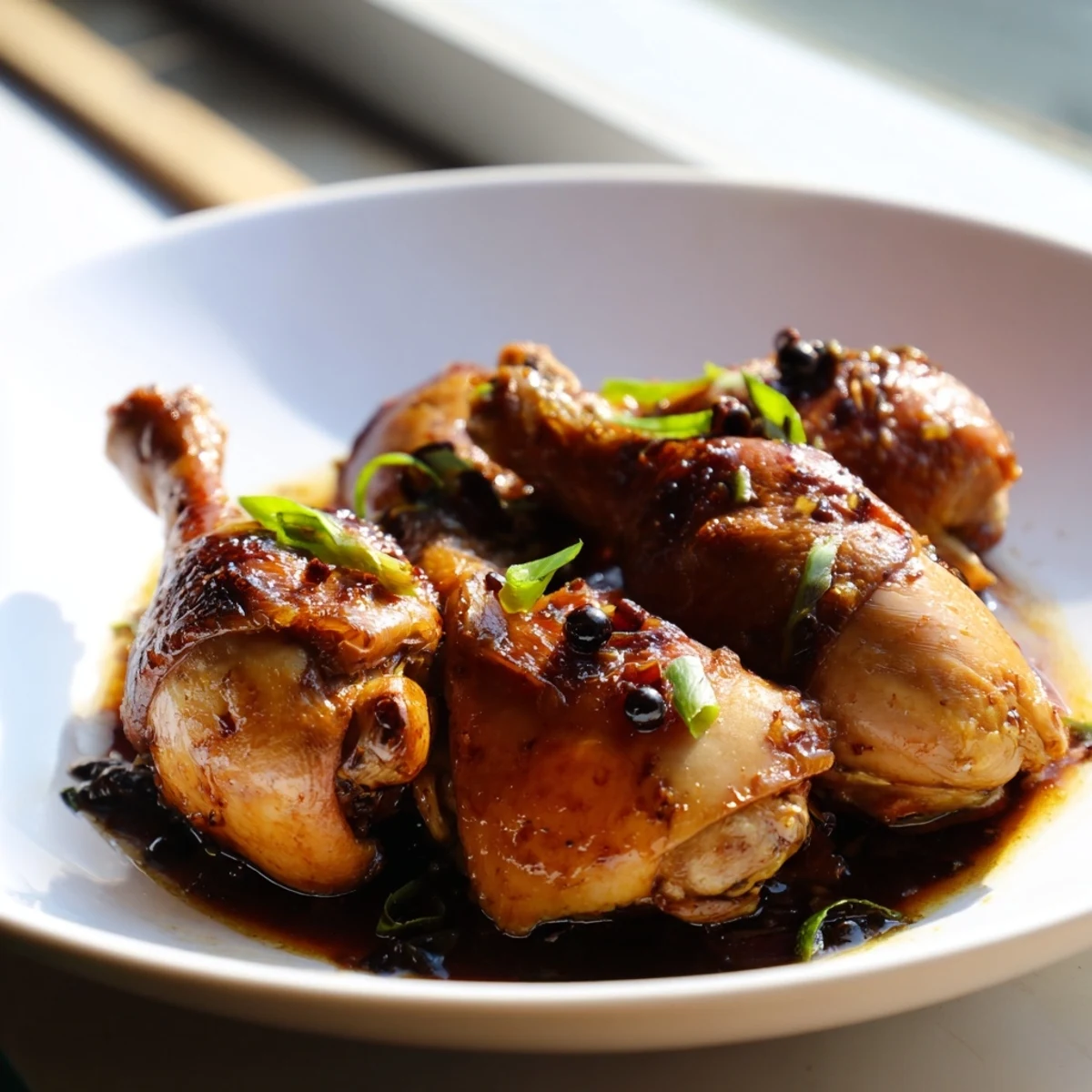 Tender Filipino Chicken Adobo braised in rich soy vinegar garlic sauce over steamed white rice