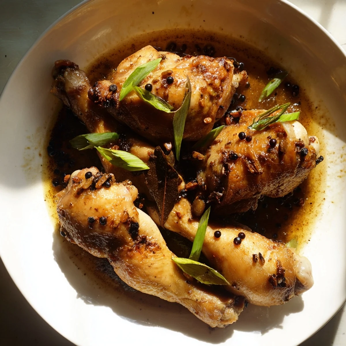 Golden brown chicken pieces simmered in tangy adobo sauce with garlic and bay leaves