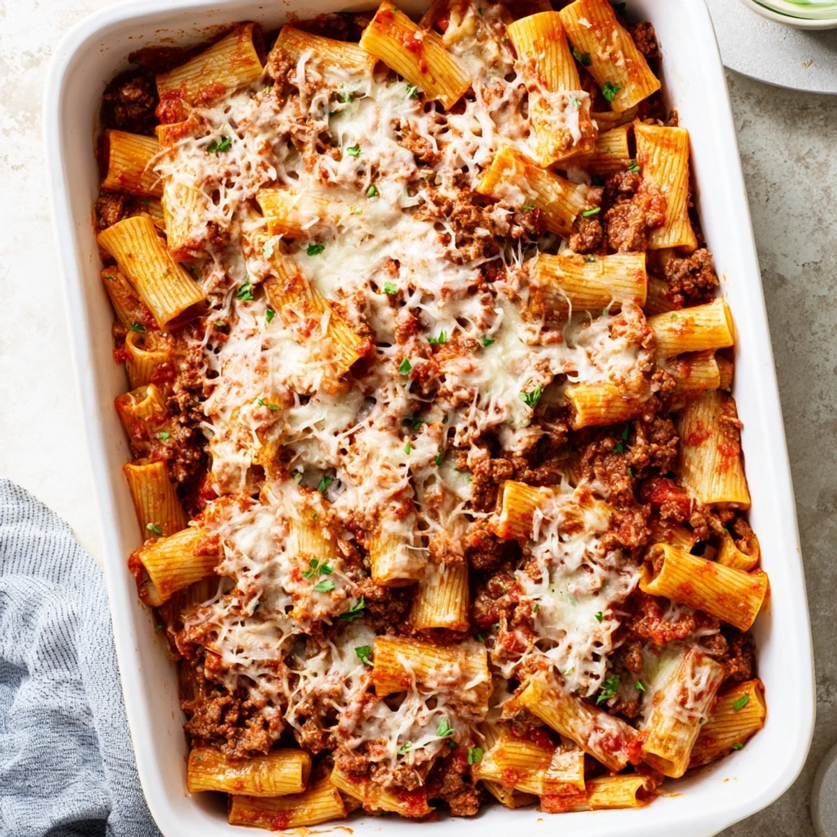 Creamy Bolognese sauce coats tender rigatoni in this comforting family-friendly pasta bake