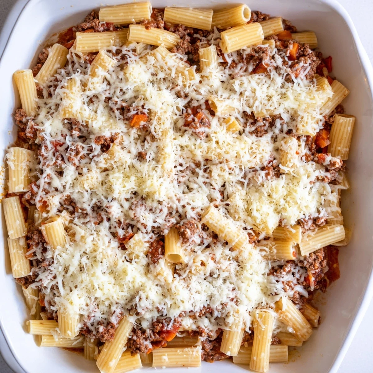 Golden melted cheese tops this hearty Bolognese pasta bake fresh from the oven