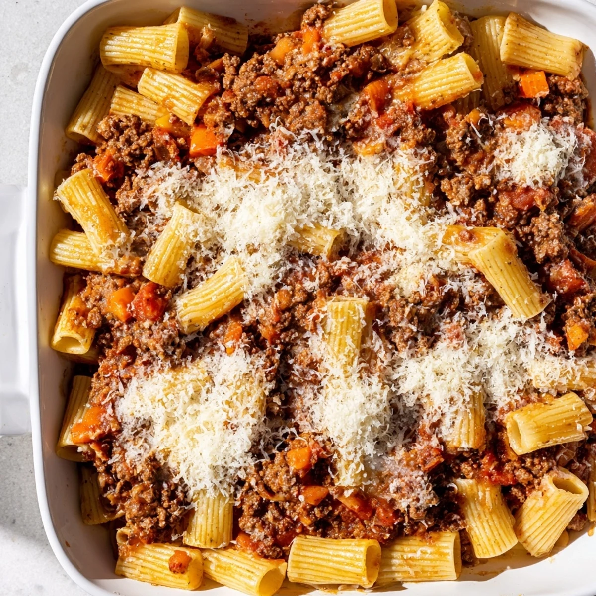 Bubbling mozzarella and Parmesan crown this rich meaty Bolognese pasta bake ready for serving