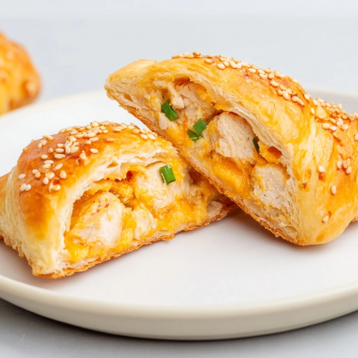 Close-up of homemade cheesy chicken pockets oozing with cream cheese and cheddar on a white plate