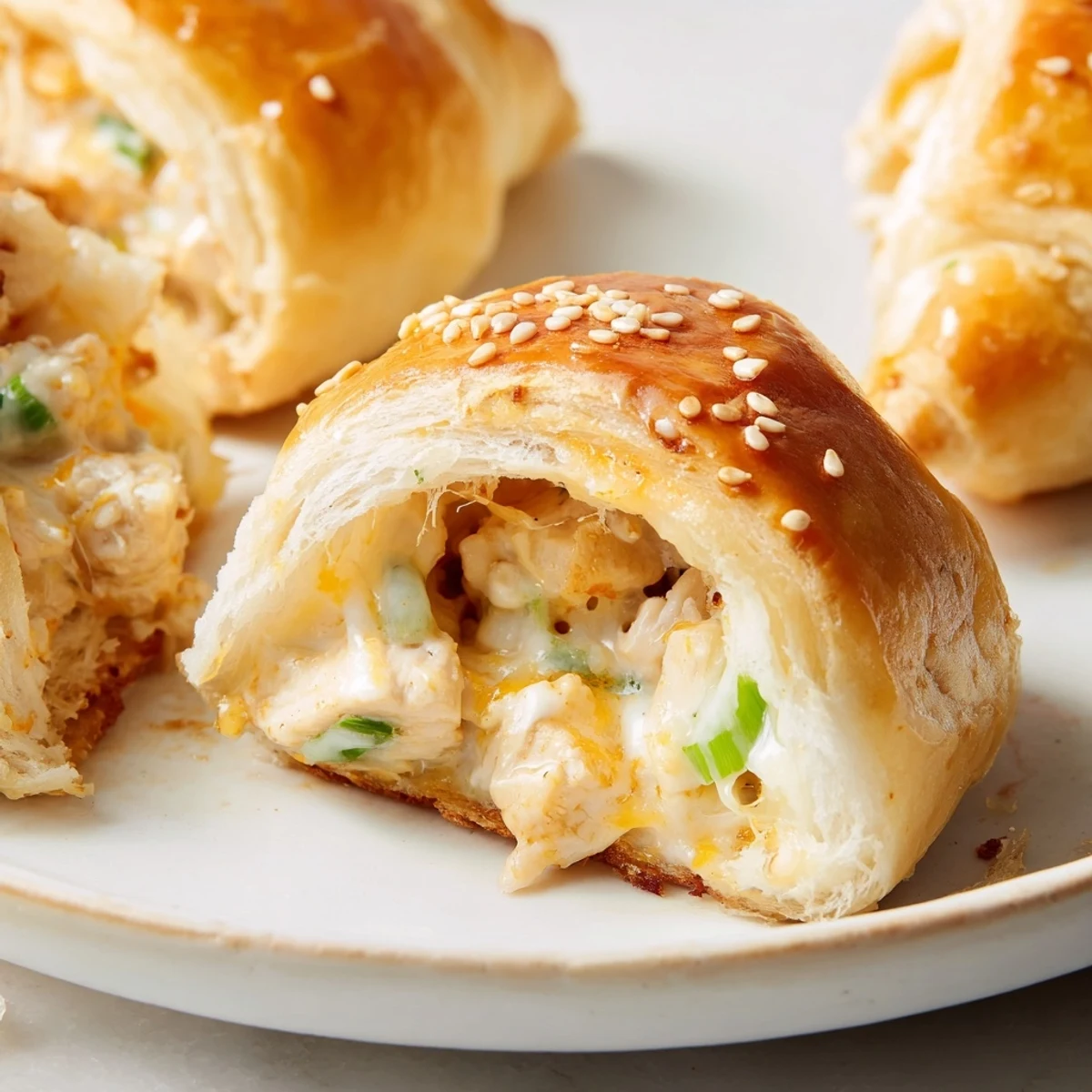 Golden baked cheesy chicken pockets with flaky pastry crust and melty cheese filling
