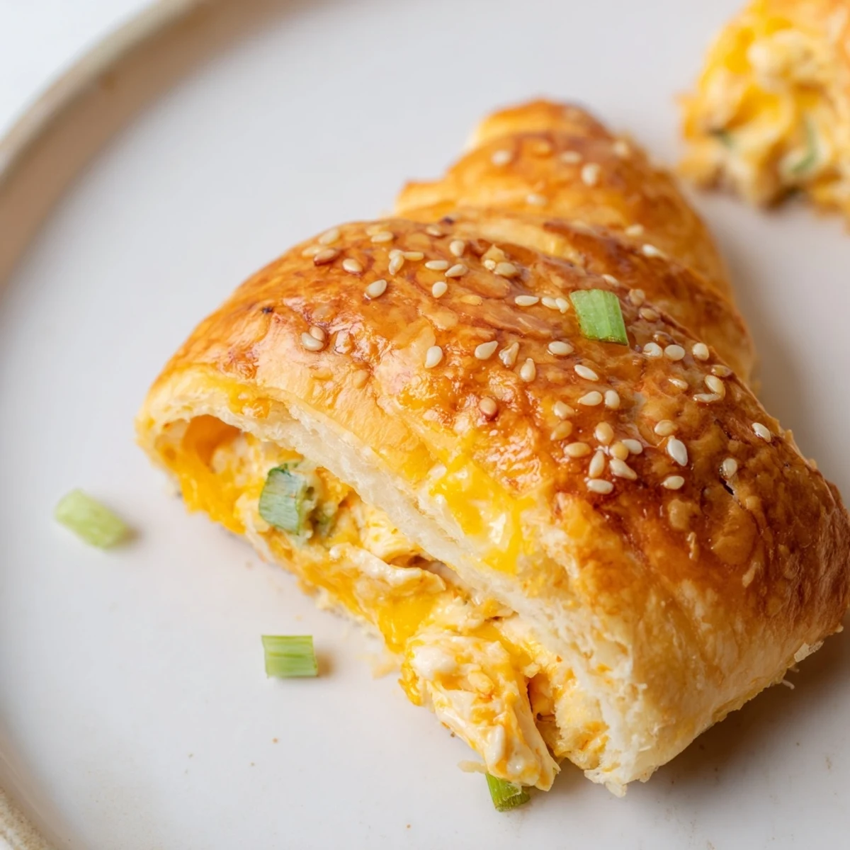 Warm cheesy chicken pockets fresh from the oven with sesame seed topping and golden brown edges